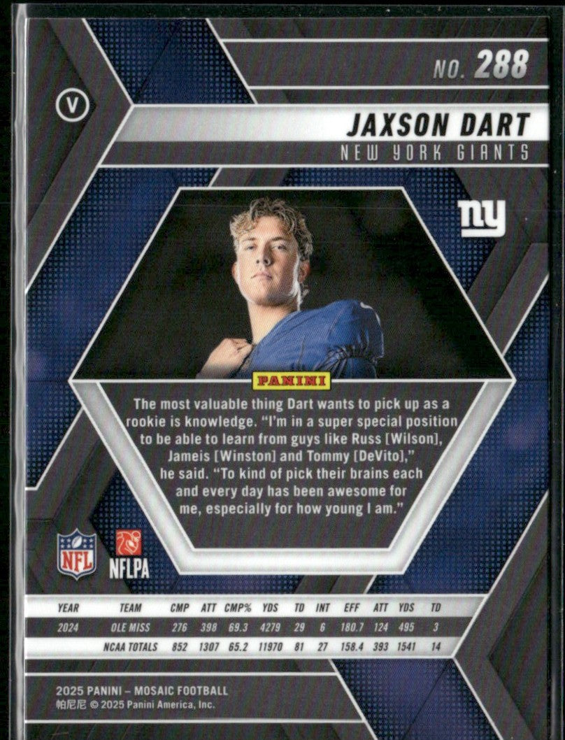 Jaxson Dart 2025 Panini Mosaic RC #288 New York Giants