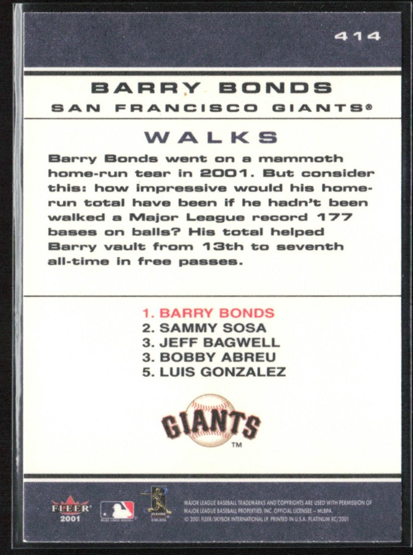 Barry Bonds 2001 Fleer Platinum #414 San Francisco Giants