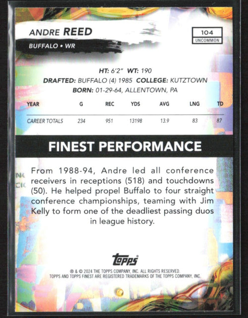 Andre Reed 2024 Topps Finest Blue Refractor /150 #104 Buffalo Bills