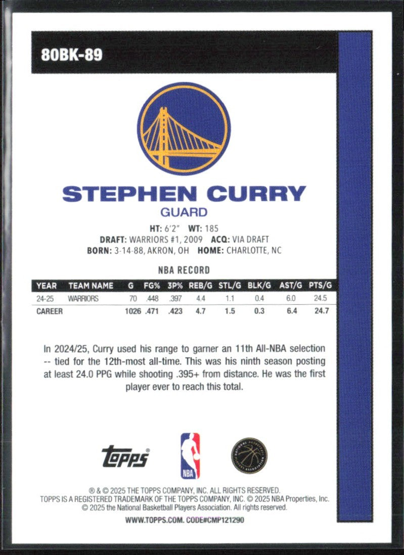 Stephen Curry 2025 Topps '80-81 #80BK-89 Golden State Warriors