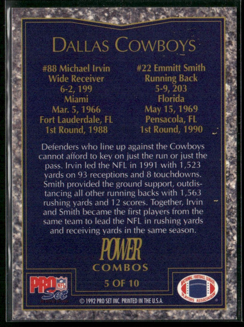 Michael Irvin/Emmitt Smith 1992 Pro Set Power Combos #5 Dallas Cowboys