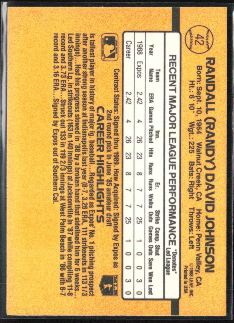 Randy Johnson 1989 Donruss RC #42 Montreal Expos