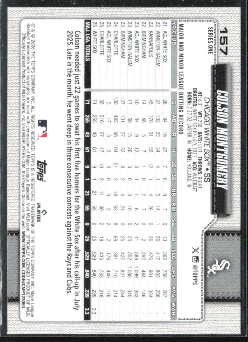 Colson Montgomery 2026 Topps RC #157 Chicago White Sox