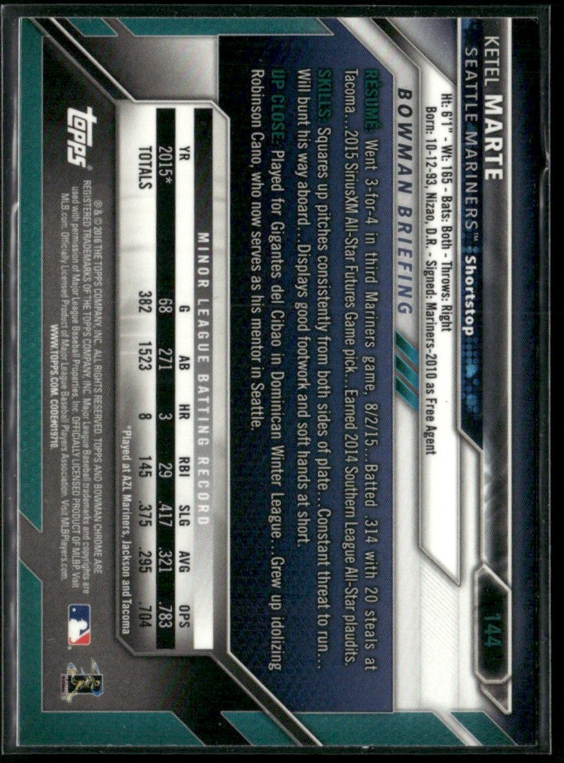 Ketel Marte 2016 Bowman Chrome RC #144 Seattle Mariners
