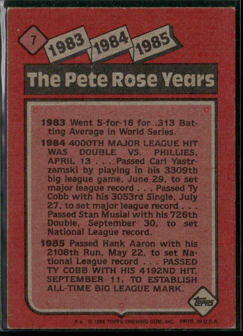 Pete Rose 1986 Topps Rose Special: '83-'85 #7 Cincinnati Reds