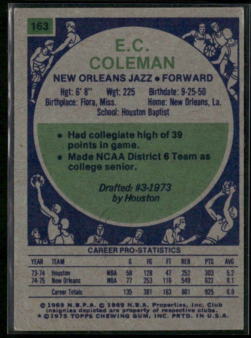 E.C. Coleman 1975 Topps RC #163 New Orleans Jazz