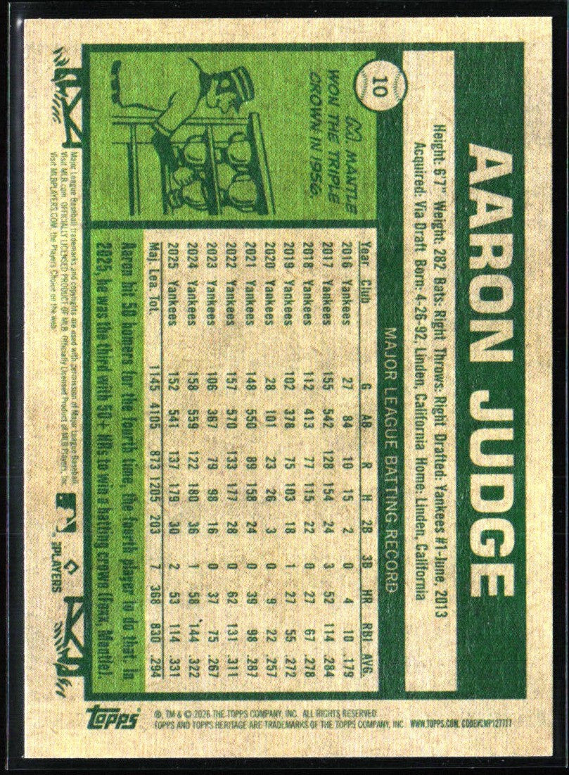 Aaron Judge 2026 Topps Heritage #10 New York Yankees