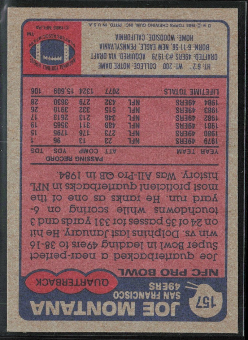 Joe Montana 1985 Topps #157 San Francisco 49ers