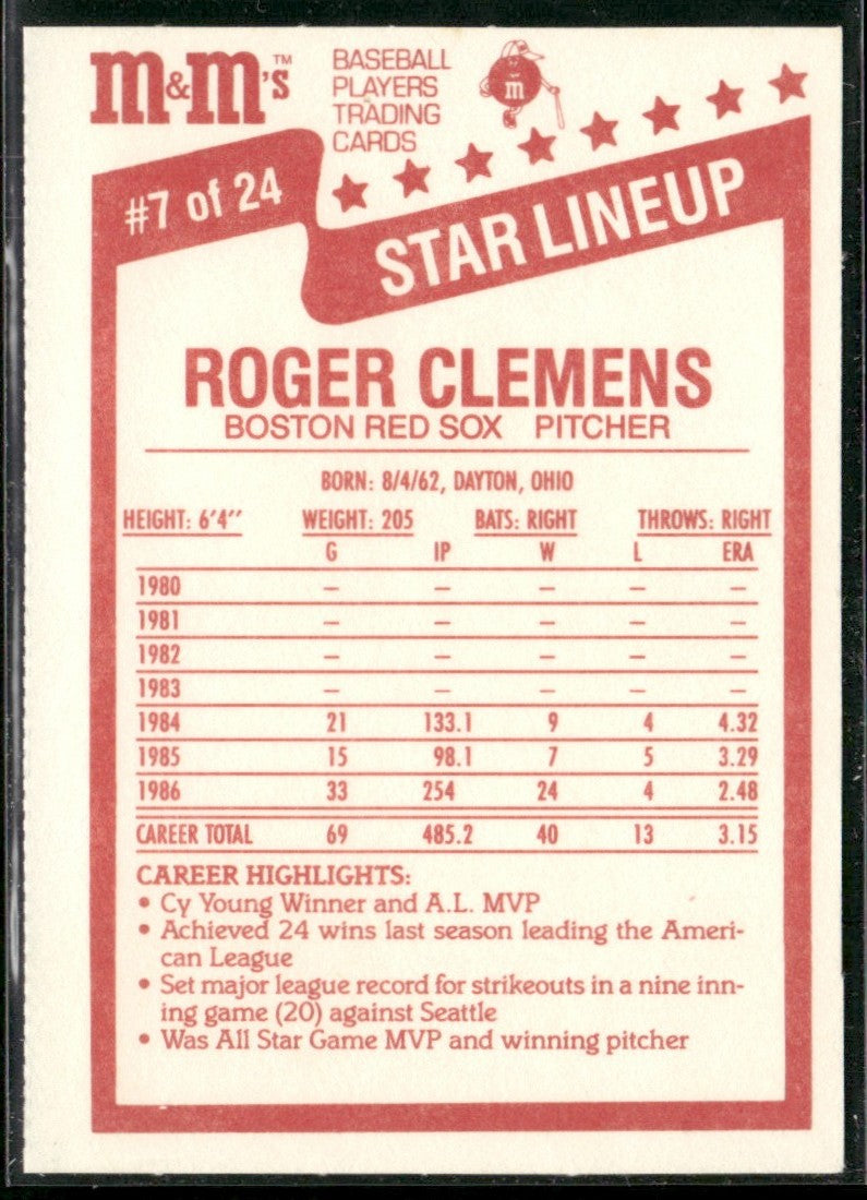 Roger Clemens 1987 M&Ms Star Lineup #7 Boston Red Sox
