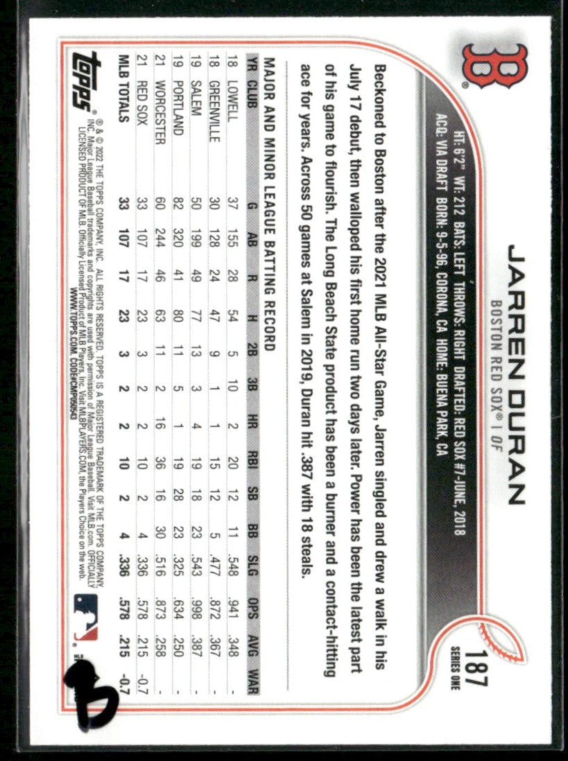 Jarren Duran 2022 Topps RC #187 Boston Red Sox