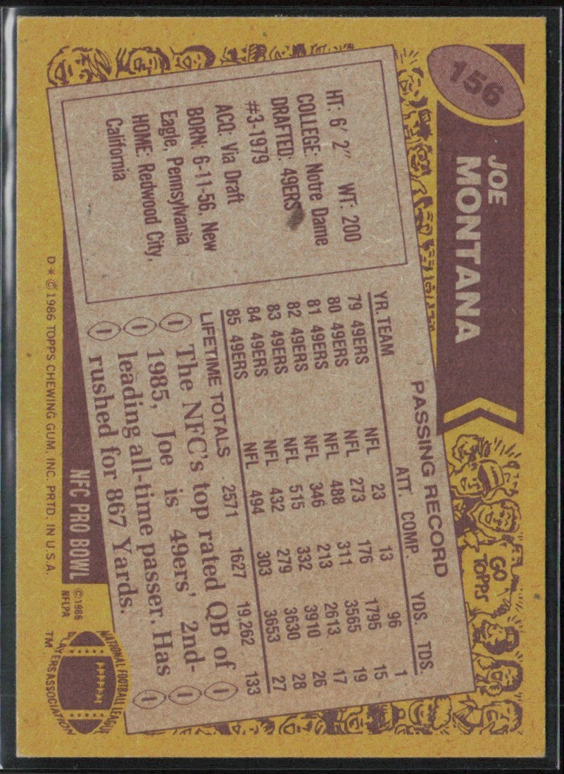 Joe Montana 1986 Topps #156 San Francisco 49ers