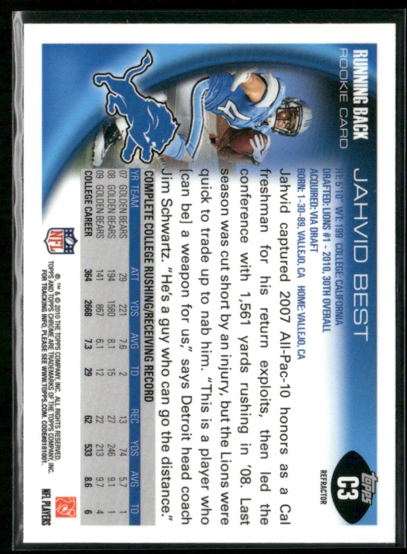 Jahvid Best 2010 Topps Chrome Refractor RC #C3 Detroit Lions