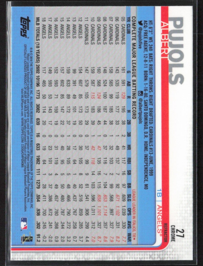 Albert Pujols 2019 Topps Chrome Refractor #27 Los Angeles Angels