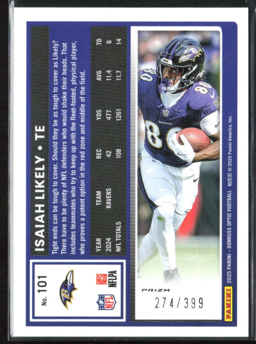 Isaiah Likely 2025 Donruss Optic Neon Blue /399 #101 Baltimore Ravens