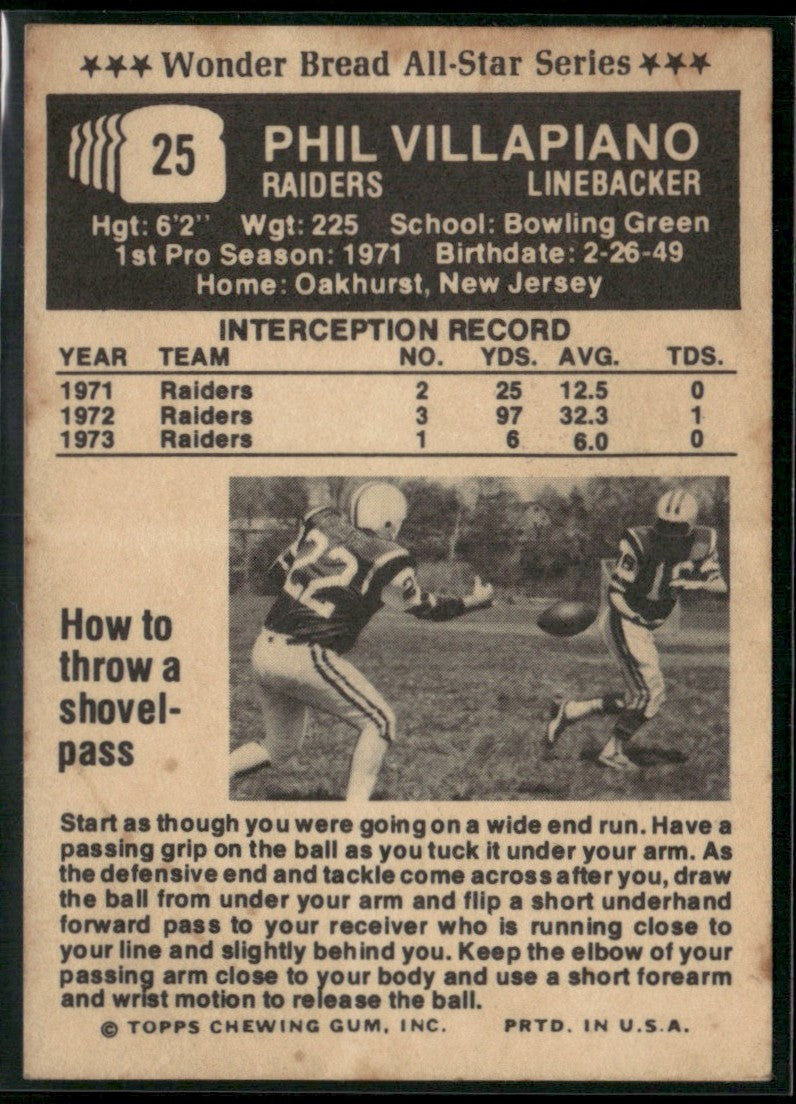 Phil Villapiano 1974 Topps Wonder Bread #25 Oakland Raiders