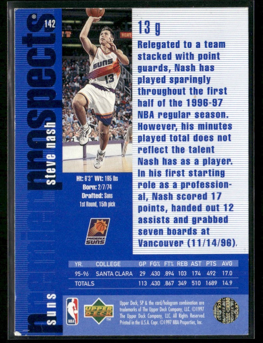 Steve Nash 1996 Upper Deck SP Premier Prospects RC #142 Phoenix Suns