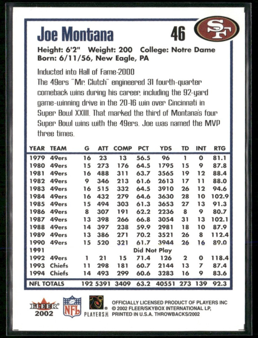 Joe Montana 2002 Fleer Throwbacks #46 San Francisco 49ers