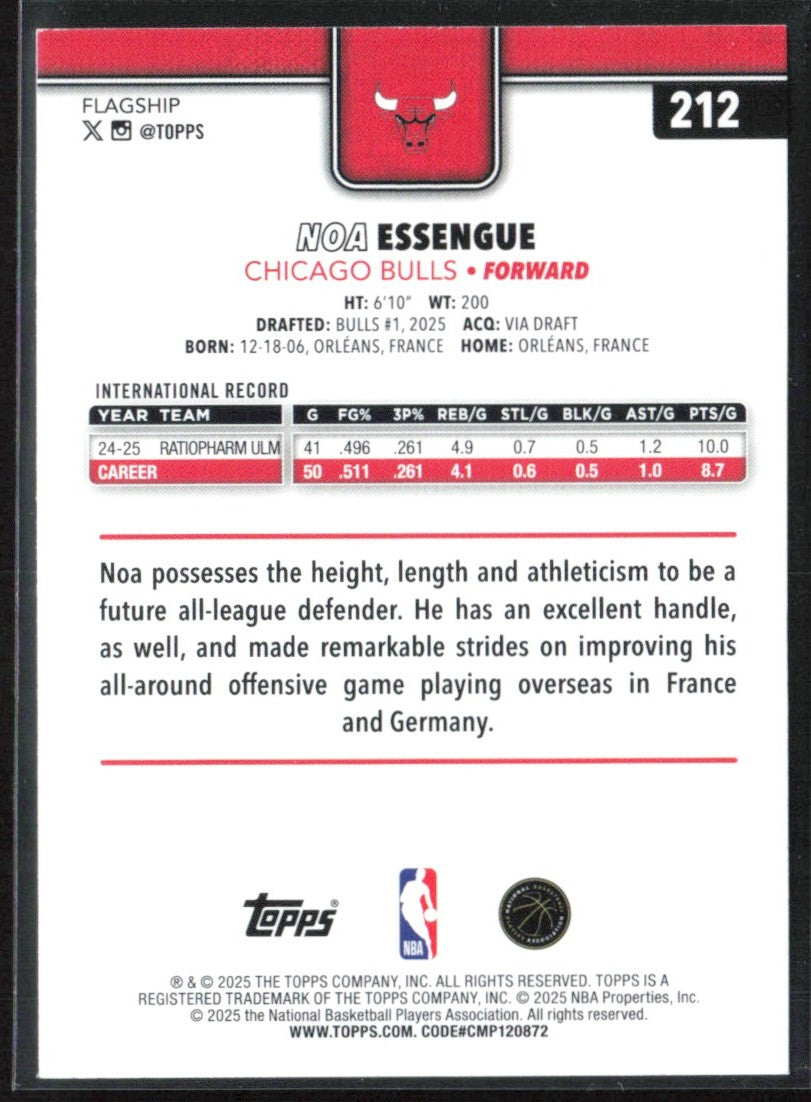 Noa Essengue 2025 Topps RC #212 Chicago Bulls