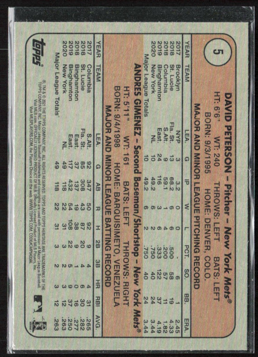 Andres Gimenez/David Peterson 2021 Topps Heritage Chrome Purple Refractor RC #5
