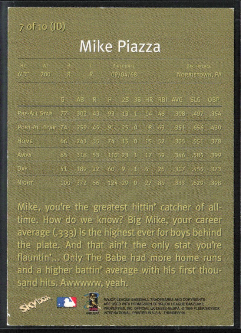 Mike Piazza 1999 Skybox Thunder In Depth #7 New York Mets