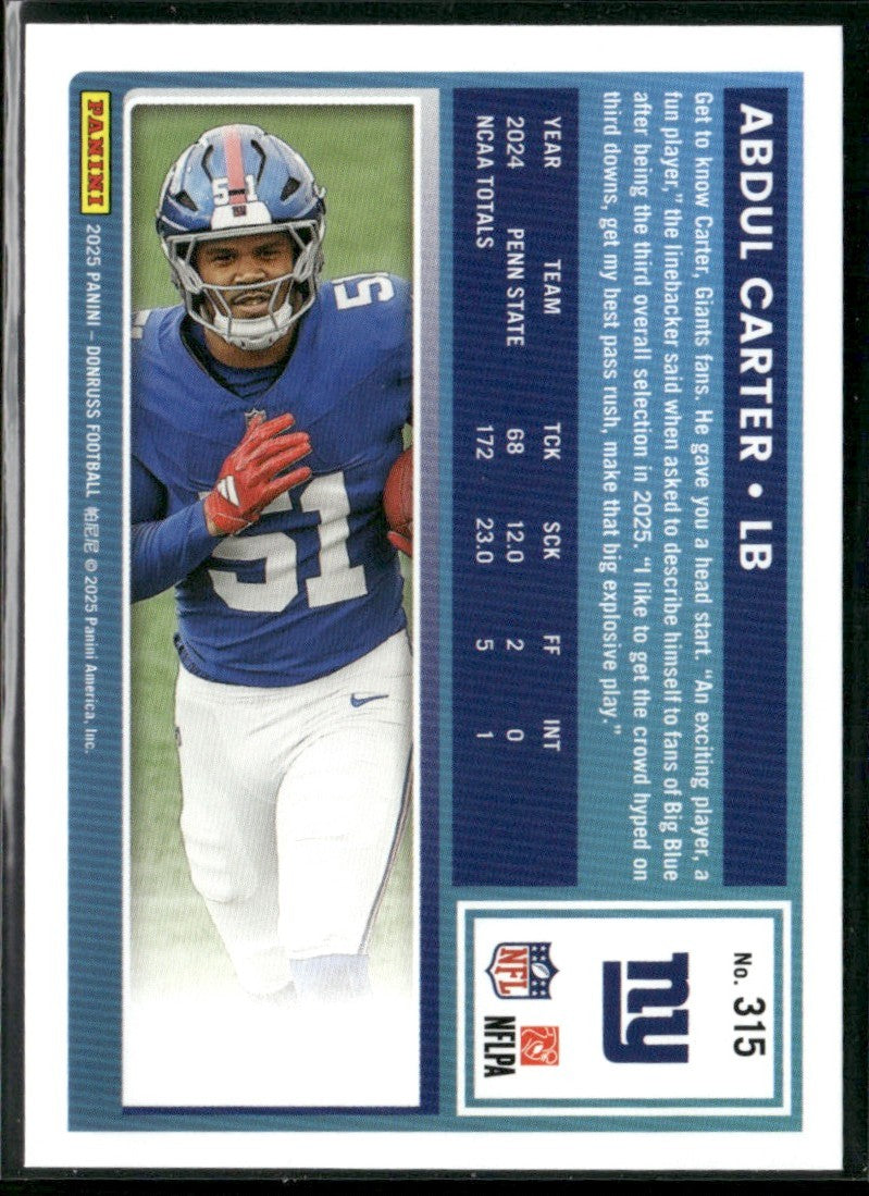 Abdul Carter 2025 Panini Donruss RC #315 New York Giants