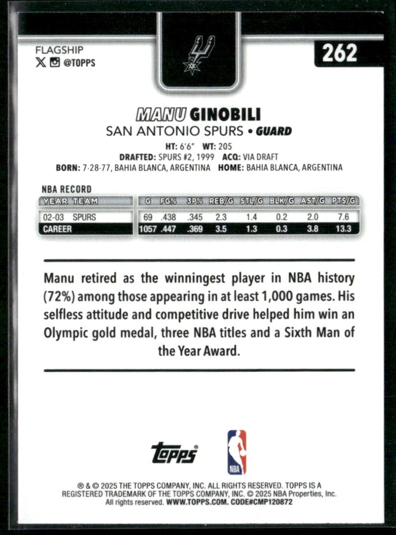Manu Ginobili 2025 Topps Rainbow Foil #262 San Antonio Spurs