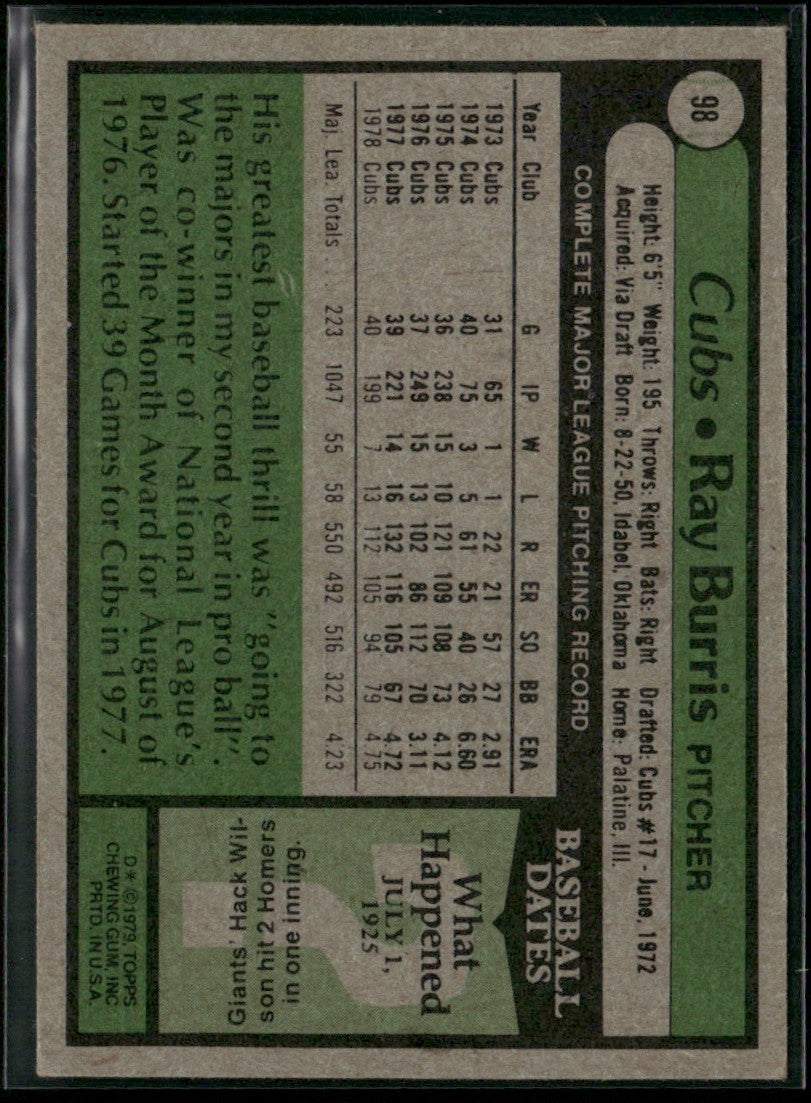 Ray Burris 1979 Topps #98 Chicago Cubs