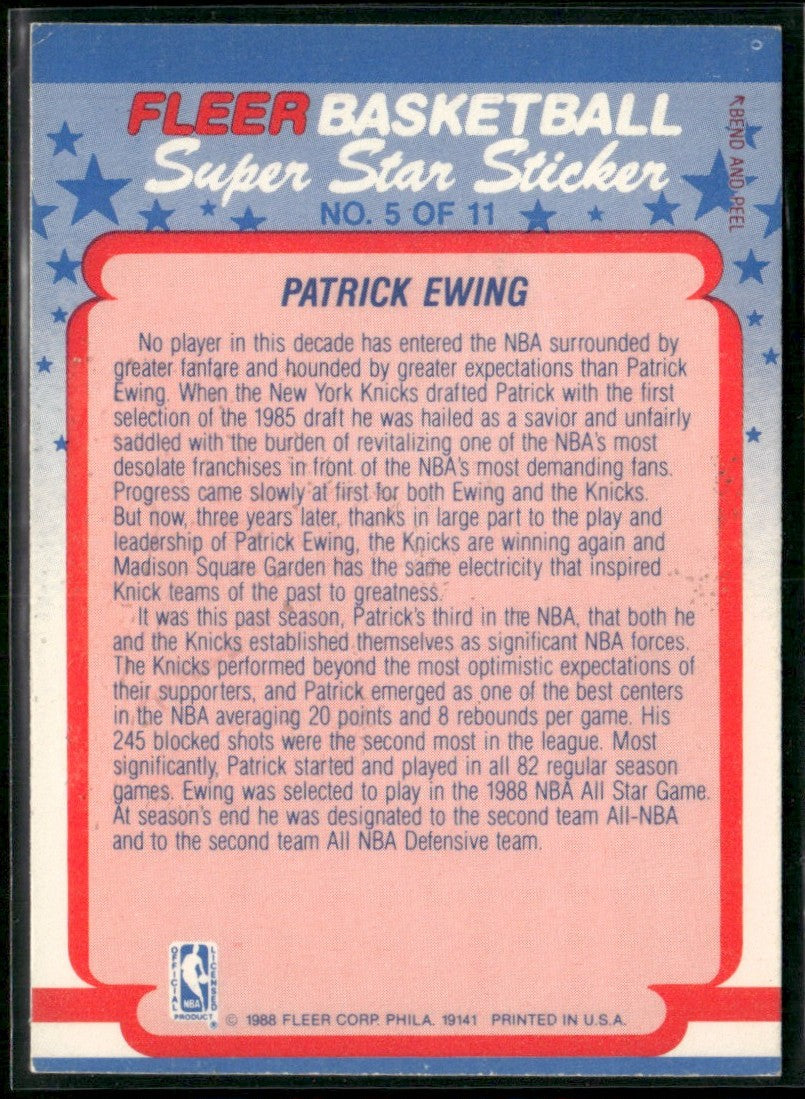 Patrick Ewing 1988 Fleer Stickers #5 New York Knicks