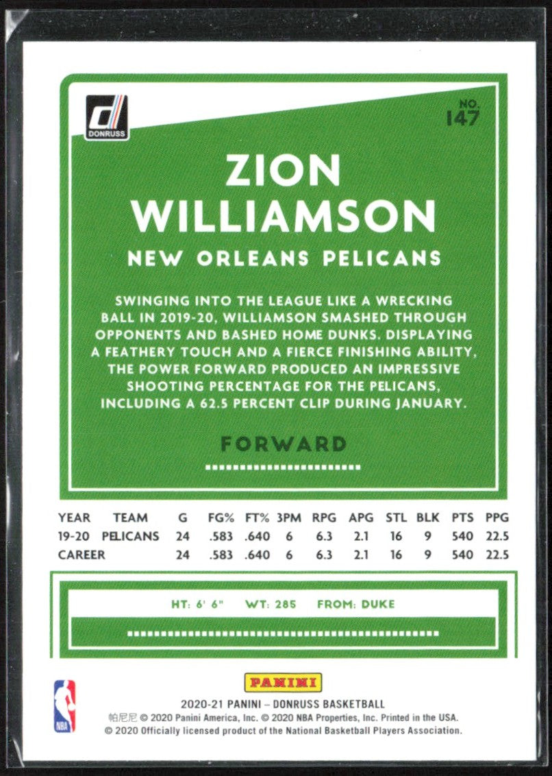 Zion Williamson 2020 Donruss Green Flood #147 New Orleans Pelicans