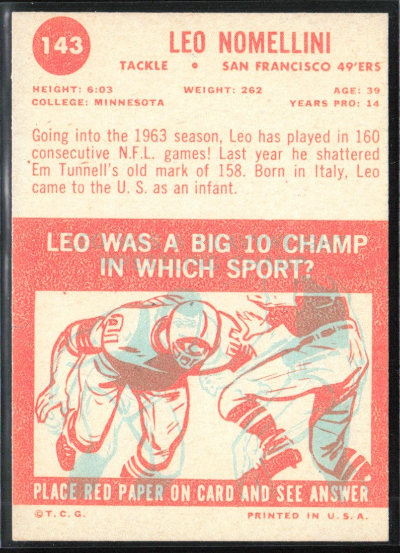Leo Nomellini 1963 Topps #143 San Francisco 49ers