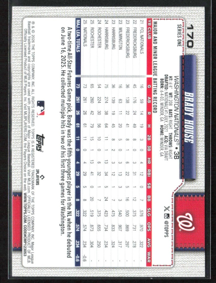Brady House 2026 Topps RC #170 Washington Nationals