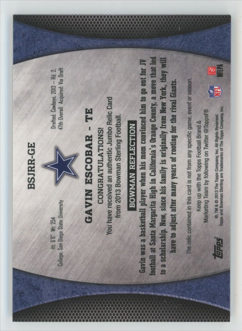Gavin Escobar 2013 Bowman Sterling RC /1214 Jersey #BSJRR-GE Dallas Cowboys