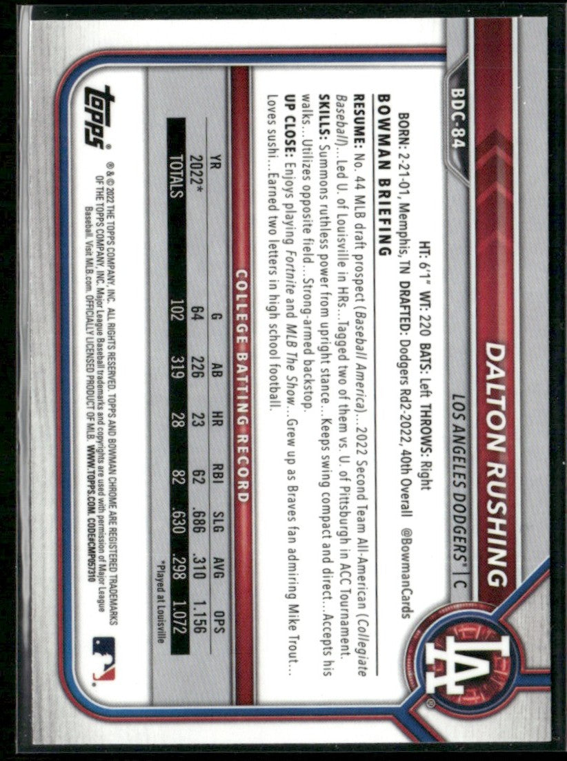 Dalton Rushing 2022 Bowman Draft Chrome 1st #BDC-84 Los Angeles Dodgers
