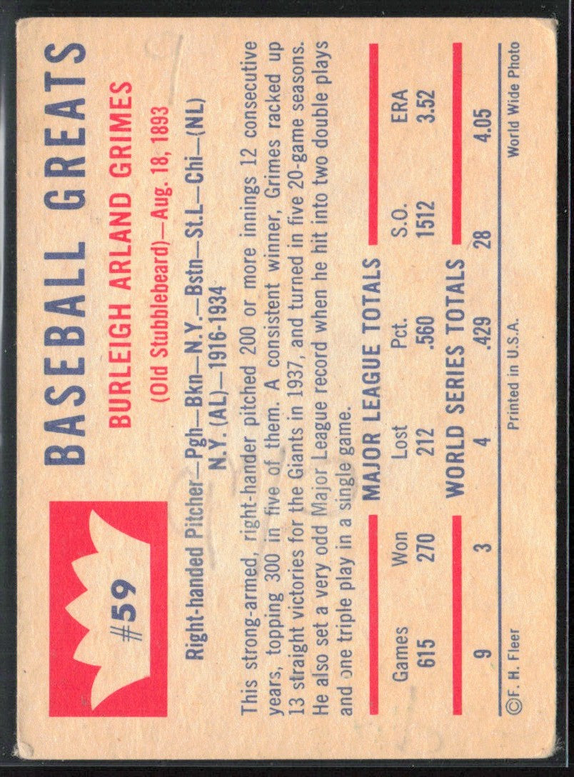 Burleigh Grimes 1960 Fleer #59 St. Louis Cardinals