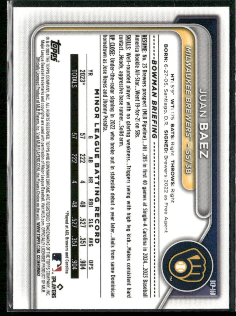 Juan Baez 2024 Bowman Chrome 1st #BCP-160 Milwaukee Brewers