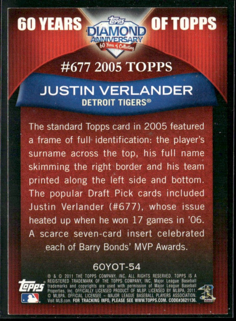 Justin Verlander 2011 Topps 60 Years #60YOT-54 Detroit Tigers