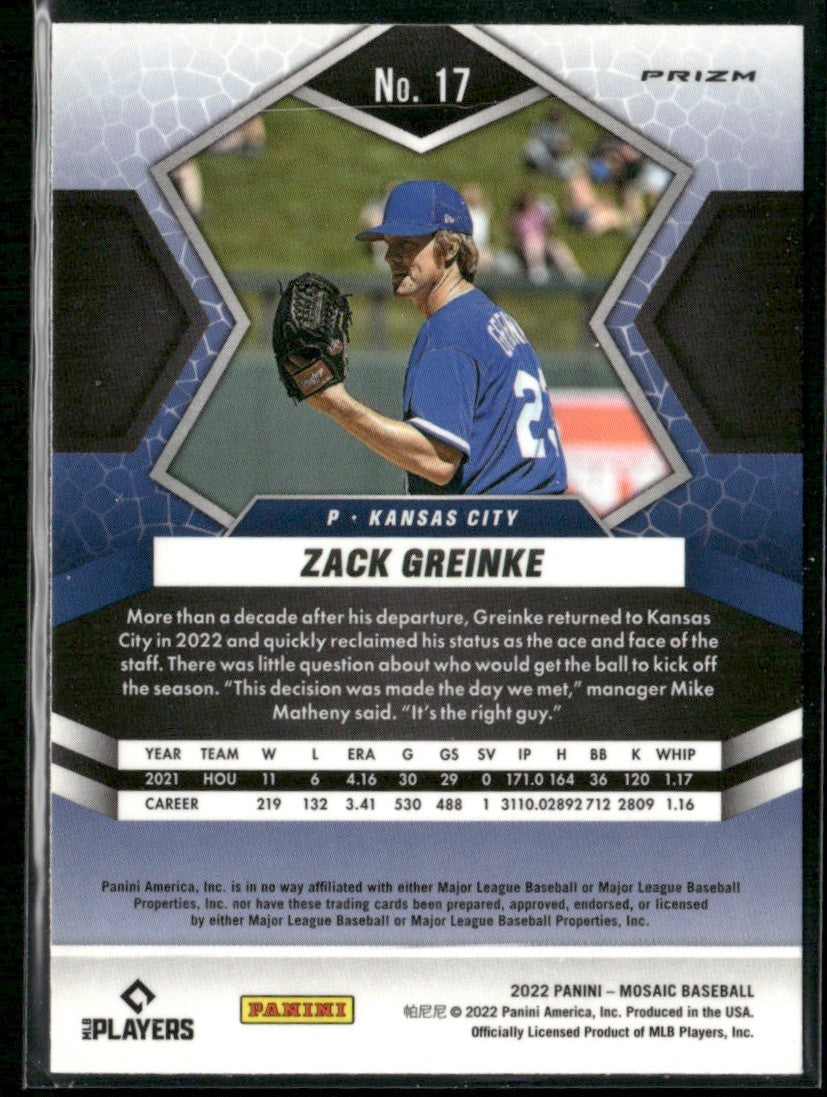 Zack Greinke 2022 Panini Mosaic Blue Camo #17 Kansas City Royals