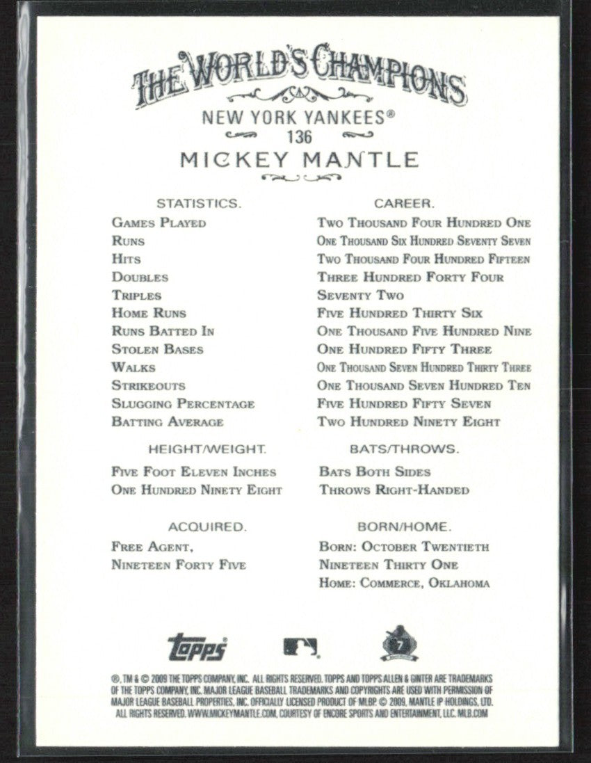 Mickey Mantle 2009 Topps Allen & Ginter #136 New York Yankees