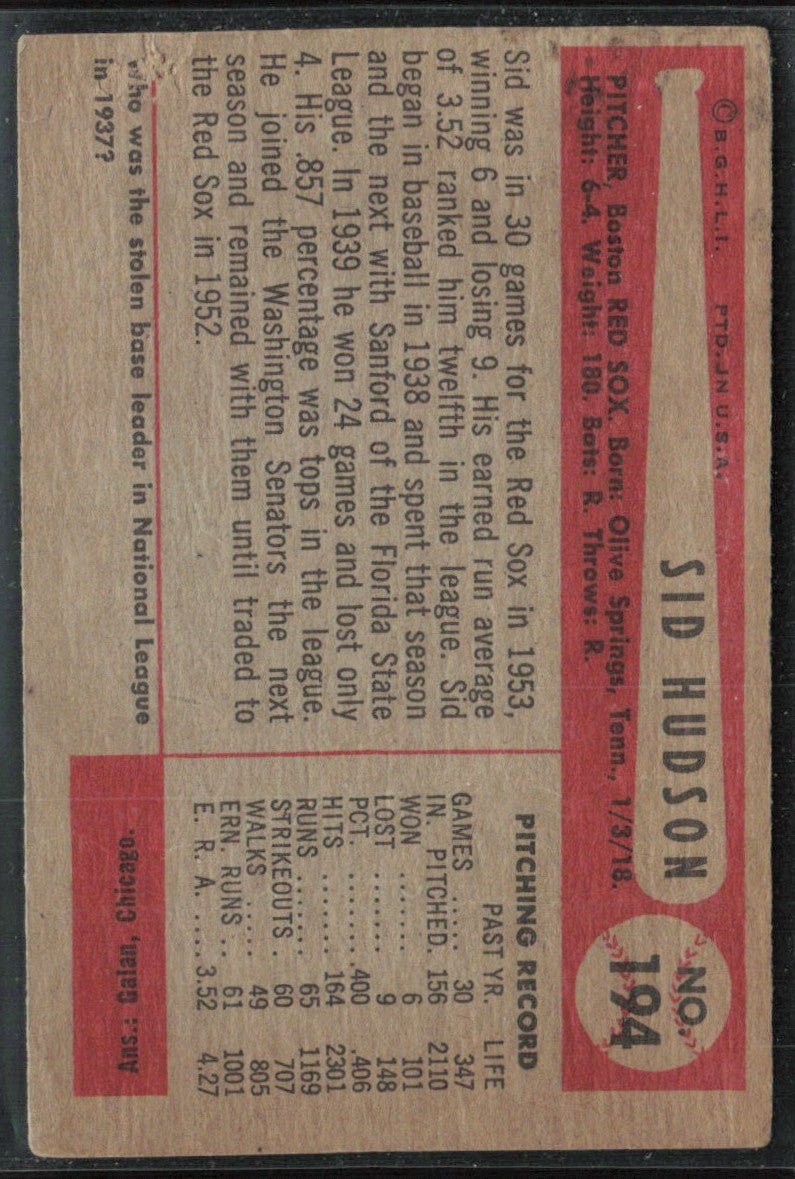 Sid Hudson 1954 Bowman #194 Boston Red Sox
