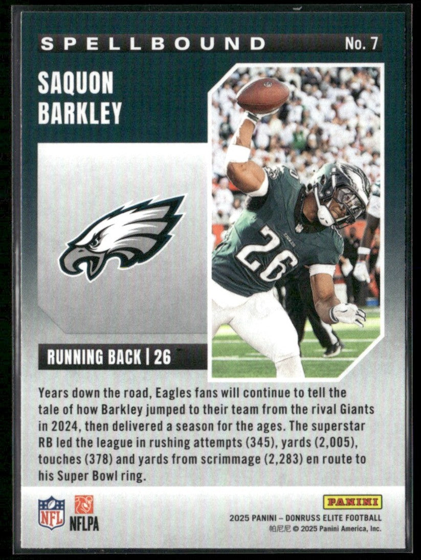 Saquon Barkley 2025 Donruss Elite Spellbound Y Green #7 Philadelphia Eagles