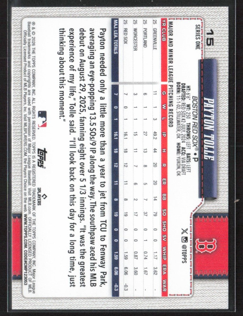 Payton Tolle 2026 Topps RC #15 Boston Red Sox