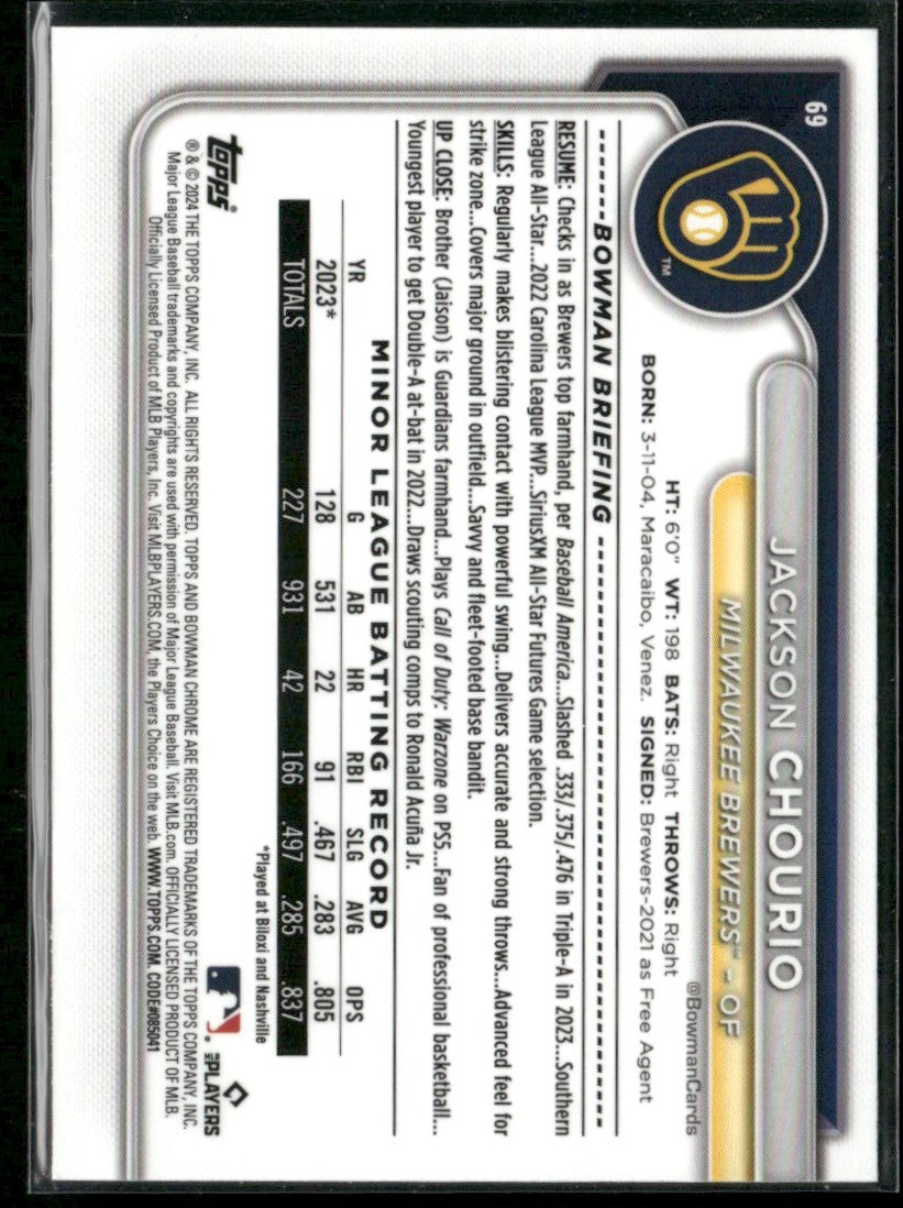 Jackson Chourio 2024 Bowman Chrome RC #69 Milwaukee Brewers