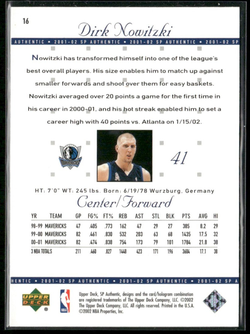 Dirk Nowitzki 2001 SP Authentic #16 Dallas Mavericks