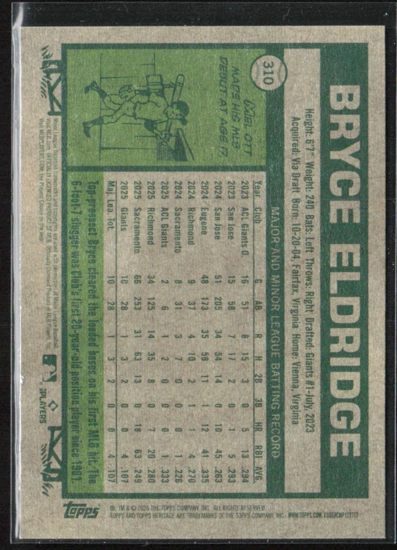Bryce Eldridge 2026 Topps Heritage RC #310 San Francisco Giants