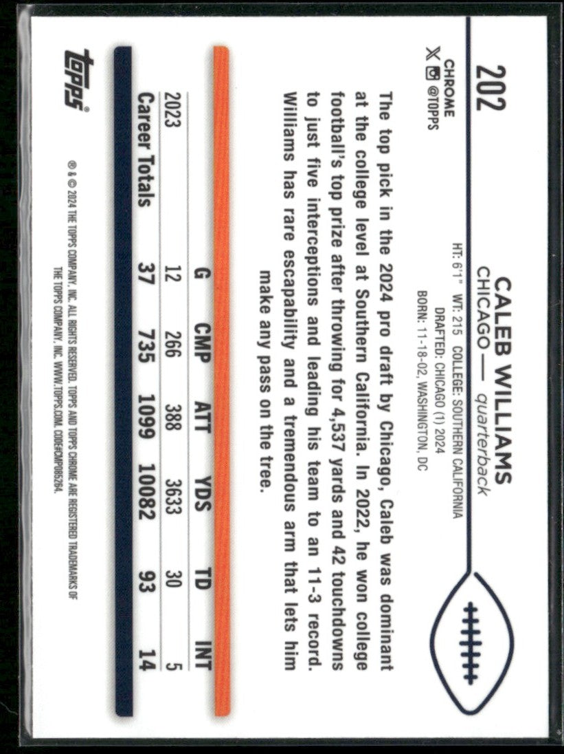 Caleb Williams 2024 Topps Chrome RC #202 Chicago Bears
