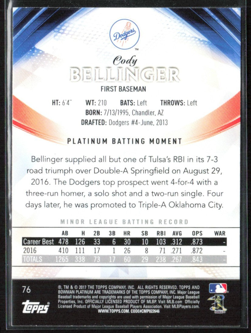 Cody Bellinger 2017 Bowman Platinum RC #76 Los Angeles Dodgers