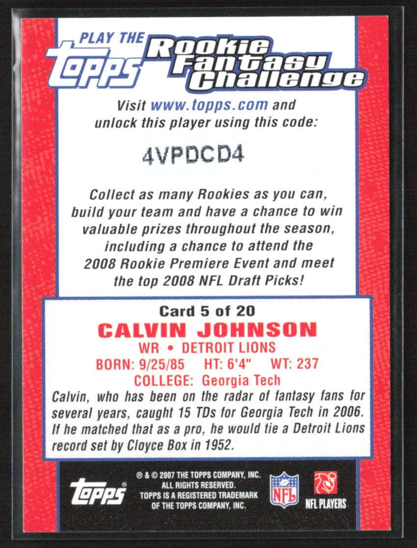 Calvin Johnson 2007 Topps Rookie Fantasy Challenge RC #5 Detroit Lions