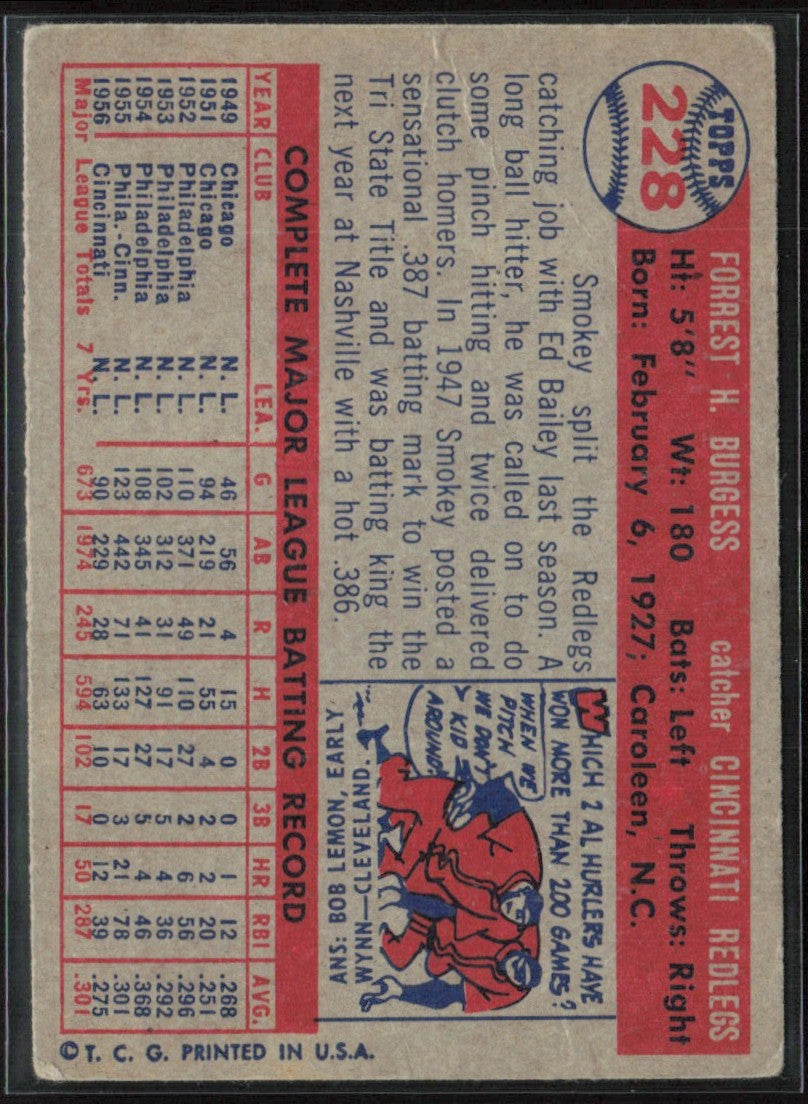 Smoky Burgess 1957 Topps #228 Cincinnati Redlegs
