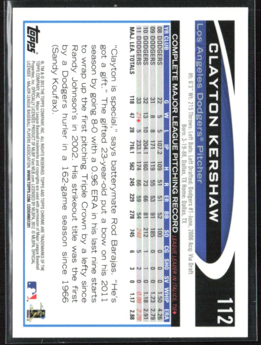 Clayton Kershaw 2012 Topps Chrome #112 Los Angeles Dodgers