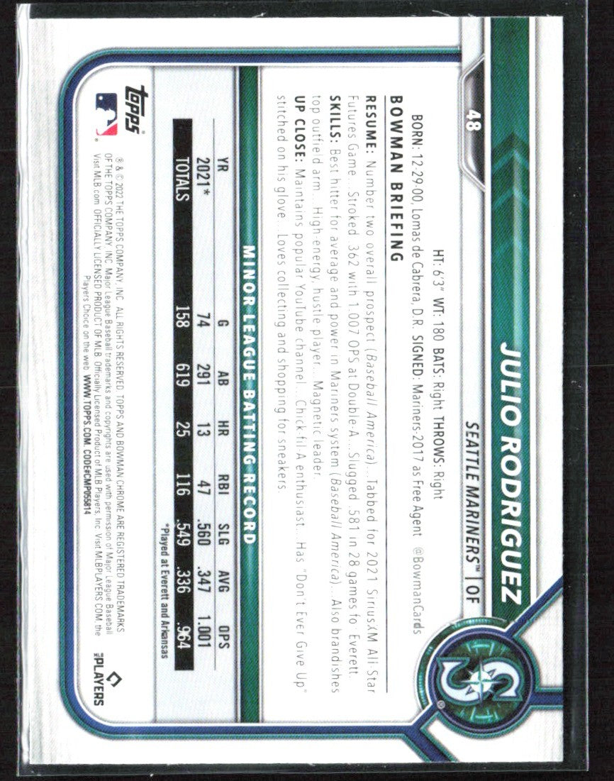 Julio Rodriguez 2022 Bowman Chrome RC #48 Seattle Mariners